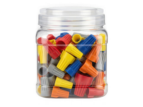 clear plastic jar filled with colorful wire connectors twist nuts isolated on transparent background