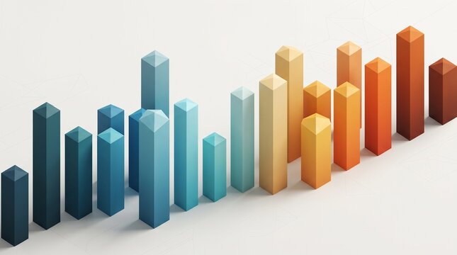 Isometric 3d bar chart showing data growth with gradient colors from blue to orange on a clean minimalist white background surface