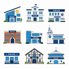 Fototapeta premium A collection of nine diverse police station building illustrations in flat vector style.