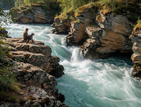 Man sits with dog on rocks by rushing river. Scenic powerful water cascades over stone cliffs. Lush green trees border wild nordic landscape.