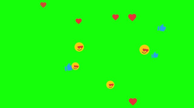 Social media like, love, and heart-eye emojis floating upward on black background. Colorful icons moving from bottom to top with green screen, 4K animation.