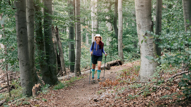 Smiling woman with trekking poles and vivid compression socks strides confidently down a sunlit beech forest trail. Adventure concept.