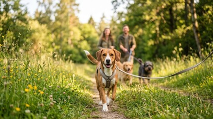 Obraz premium Happy dog walking on leash with owners in sunny park
