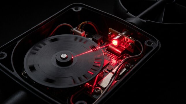 Conceptual extreme macro of a laser diode shining through a spinning optical encoder disc