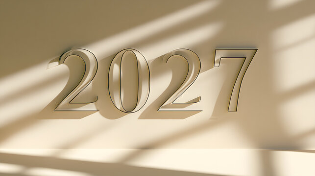 Minimalist three dimensional typography displaying the year two thousand twenty seven with sunlight shadows on a beige wall with illustration
