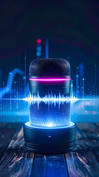 Intelligenter Sprachassistent mit leuchtenden Schallwellen und digitaler Audio-Visualisierung