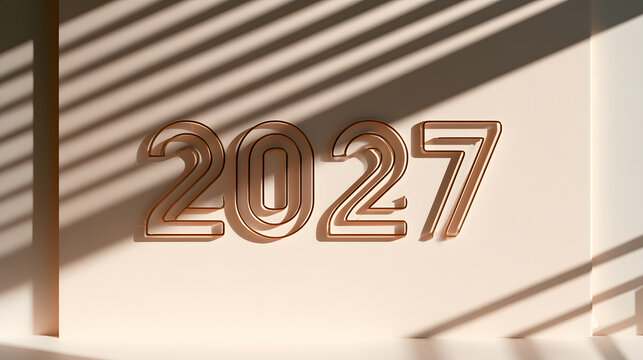 Copper 2027 numbers on beige wall with shadows with typography minimalist background geometric metallic abstract contour outline pattern with texture