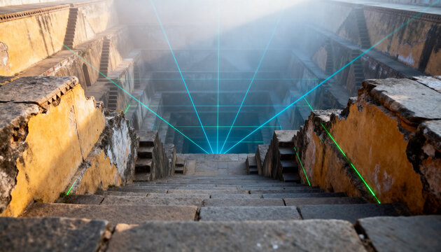 Ancient stone stepwell featuring glowing blue laser grid lines cutting through thick mystical morning fog layers