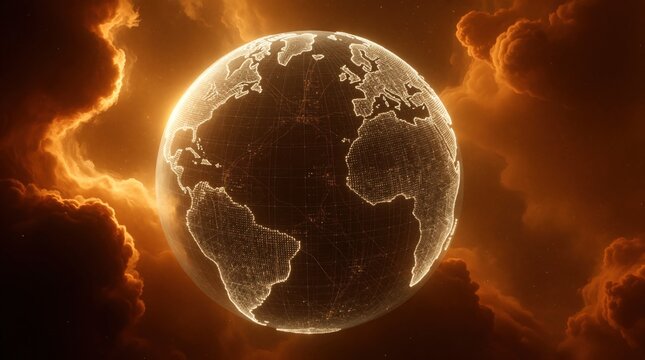 Digital globe with glowing continents floats in orange atmosphere. Futuristic network connects data points across planet. Abstract clouds swirl around abstract world.