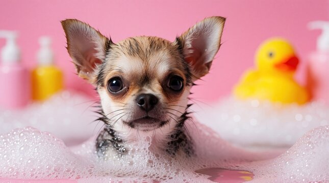 Cute chihuahua puppy takes bubbly bath with yellow rubber duck. Small dog sits in white soap foam against pink background. Funny pet enjoys grooming, washing time in bathroom. Adorable canine looks