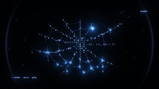 Glowing Blue ASCII Art Spider Web on Dark Terminal Screen with Code Characters and Neon Glow Effects for Cyberpunk Hacker Concept and Futuristic UI Design Backgrounds.