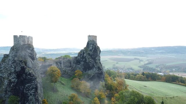 Aerial view of medieval Trosky Castle ruins in Bohemian Paradise