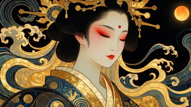 Amaterasu goddess of sun portrait in art nouveau style. Beautiful Japanese woman wearing golden kimono, traditional hair decor. Radiant sun shines in dark night sky with stylized waves. Mythical