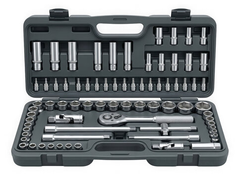 mechanic tool kit set in hard plastic storage case isolated on transparent background