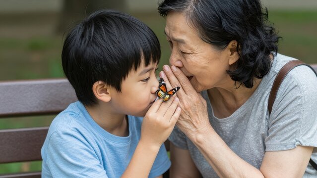 Close up of young Asian boy showing a beautiful orange monarch butterfly to his elderly grandmother on a wooden park bench during a sunny day in a lush green garden setting