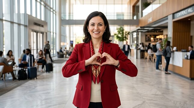 Professional woman making heart shape with hands in modern office setting.