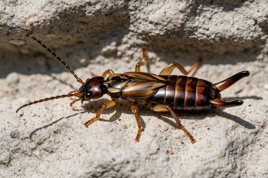 Macro view of common European earwig with prominent cerci. Insect crawls on textured rough wall surface, showing body details and antennae. Small bug in natural setting.