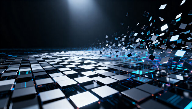 Glowing digital square blocks disintegrating into infinite dark space with vibrant blue light reflections and neon