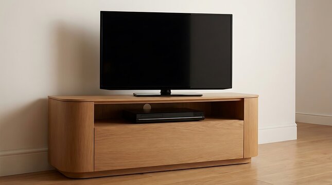 Modern wooden TV stand with sleek flat screen display in minimalist living space