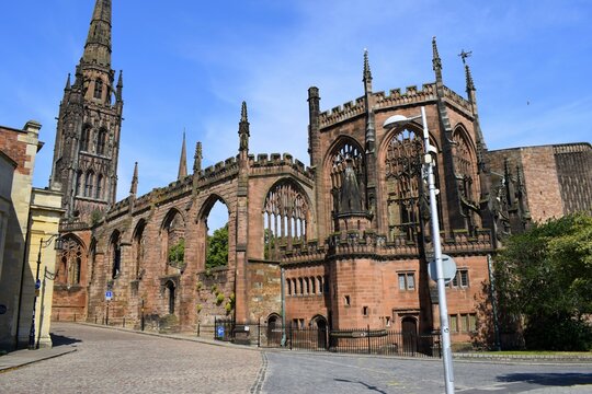 Front Facade of Coventry Cathedral in Coventry, United Kingdom