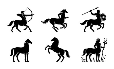 Fototapeta premium 70 Mythological Centaur Icons, Zodiac Sagittarius & Archer Silhouettes, Ancient Greek Warrior Vector Set, Fantasy Creature Graphics 100