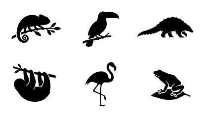 Naklejka premium 70 Silhouette Animal Icons Set: Chameleon, Toucan, Pangolin, Sloth, Flamingo, Frog Vector Graphics for Wildlife and Nature Designs 100