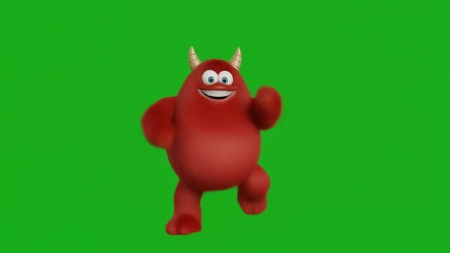 Chubby Red Devil Character Dancing with Joyful Movements on Green Screen Chroma Key Background