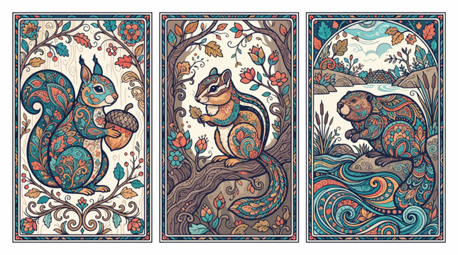 Decorative vector art set featuring a squirrel a chipmunk and a beaver surrounded by intricate floral botanical patterns and ornaments