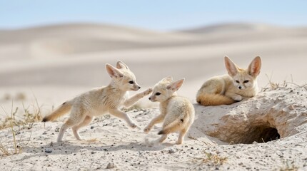 Naklejka premium Desert Duo: Two playful fennec fox kits tumble and interact in a sandy desert landscape, with a third kit resting nearby, showcasing the adorable antics of these desert dwellers.