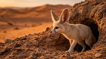 Naklejka premium Fennec Fox at Desert Burrow Entrance: A curious Fennec fox, known for its oversized ears, emerges from its burrow in the golden sands of the desert, illuminated by the warm hues of sunrise or sunset.