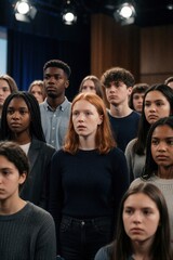 Fototapeta premium Diverse group of young students listen intently in dark hall. Multiracial college youth show disappointed, anxious facial expressions after losing debate competition. Students face tension, stress