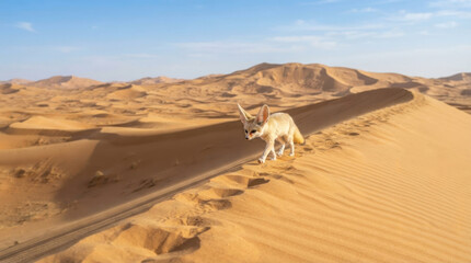 Naklejka premium Fennec Fox in the Desert Dunes: A lone fennec fox with its distinctive large ears walks gracefully across the vast, sun-drenched desert dunes.