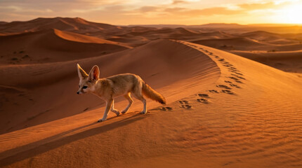 Naklejka premium Fennec Fox in the Desert Dunes: A fennec fox with large ears walks along a sand dune at sunrise, leaving footprints in its path. The desert landscape glows with warm, golden light.