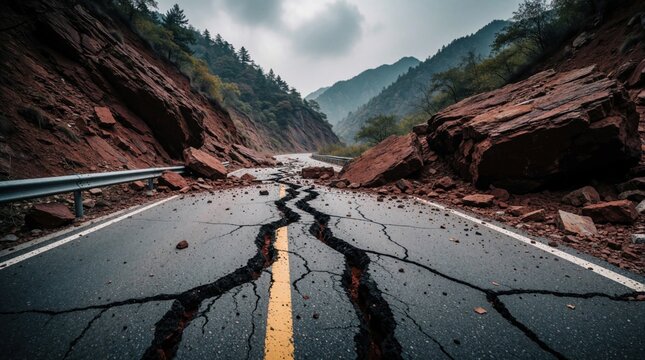 Mountain road shattered by earthquake destruction. Large rocks and debris block the cracked asphalt. The natural disaster causes widespread damage and impassable terrain in a remote area.