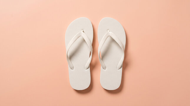 White rubber flip flop sandals for summer beach footwear mockup on pastel peach background