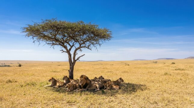 Lions resting under a savanna tree