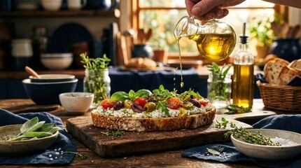 Obraz premium Gourmet Bruschetta Preparation: A hand drizzles olive oil over a perfectly crafted bruschetta, adorned with fresh ingredients, on a rustic wooden board, set against a warm, inviting kitchen backdrop.