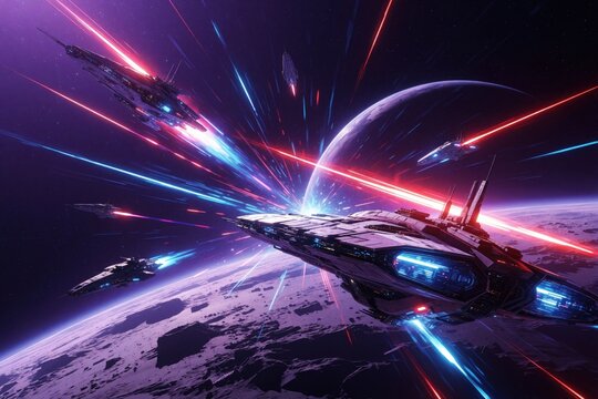 Spaceships engage in cosmic battle near alien planet. Lasers crisscross void with vibrant streaks of light. Futuristic vessels clash in dark nebula war, intense combat.