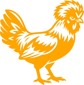 Stylized orange chicken vector illustration. Crested hen profile icon. Farm animal poultry mascot for organic food branding and logo design.