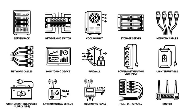 Set of hand drawn server room and data center equipment icons for network infrastructure and information technology systems