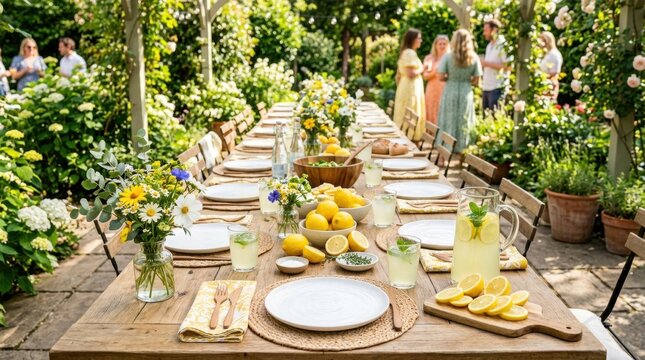Garden Party Feast: A beautifully set long table laden with lemons and refreshing drinks awaits guests in a lush garden setting, surrounded by blooming flowers and greenery.
