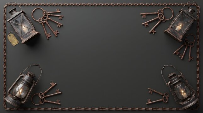 A dark and moody halloween special background featuring vintage metal lanterns and old keys arranged on a textured black surface