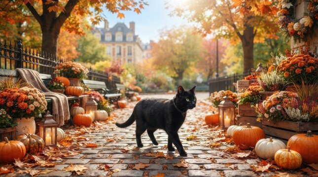 Mysterious Black Cat in Autumnal Splendor: A sleek black cat, with striking emerald eyes, confidently strolls along a cobblestone path lined with pumpkins and vibrant autumn foliage.