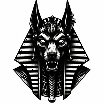 Black, white Anubis tattoo design with Egyptian god head. Stylized jackal skull features striped pharaoh collar, mystical symbols. Detailed illustration for ink art, streetwear branding, dark