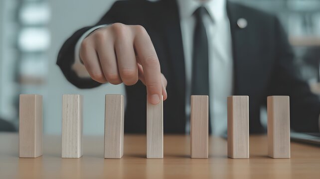 Businessman in suit placing wooden block in a row on a wooden table representing strategic planning and business management with businessman hand building business strategy with wooden blocks