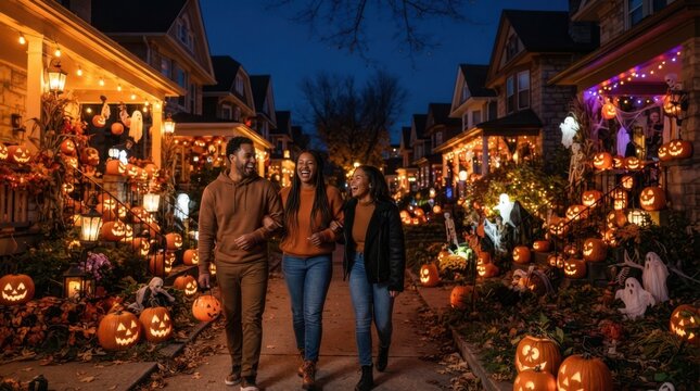 A Neighborhood Dressed for Halloween: A group of friends stroll down a street lined with houses decorated for Halloween, illuminated by jack-o'-lanterns and festive lights.