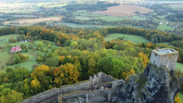 Aerial view of medieval Trosky Castle ruins in Bohemian Paradise