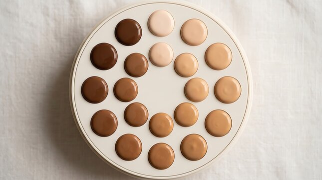 Top view of many round liquid foundation makeup samples in various skin tones arranged on a round plate. foundation shade chart