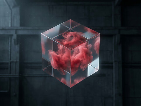 Red ink cloud inside a glass cube on dark background