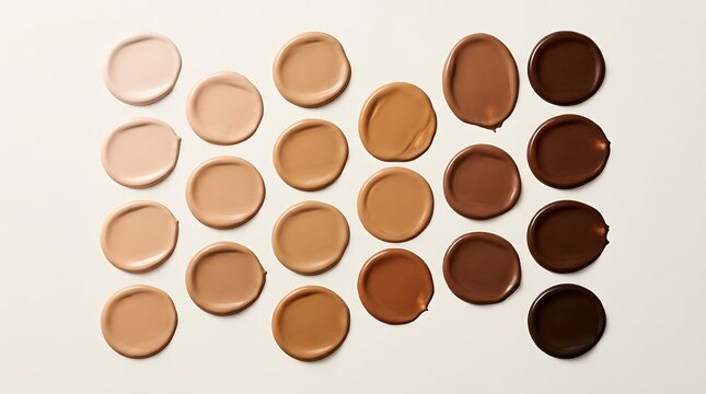 Set of liquid foundation makeup samples in various skin tone shades arranged in rows for beauty shop. foundation shade chart